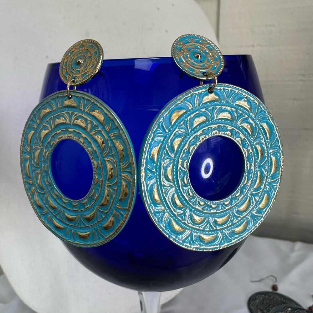 Aztec vibe goldtone and light blue inlaid earrings